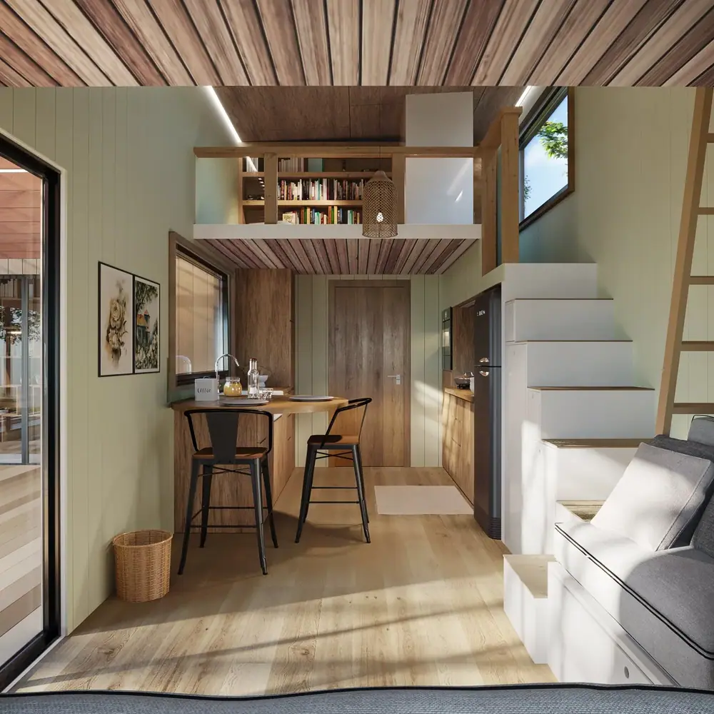 Casa Grande living area with breakfast counter and loft above