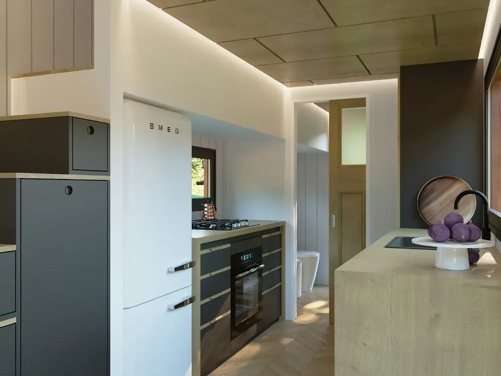 Patara RV kitchen with oven and full-height fridge